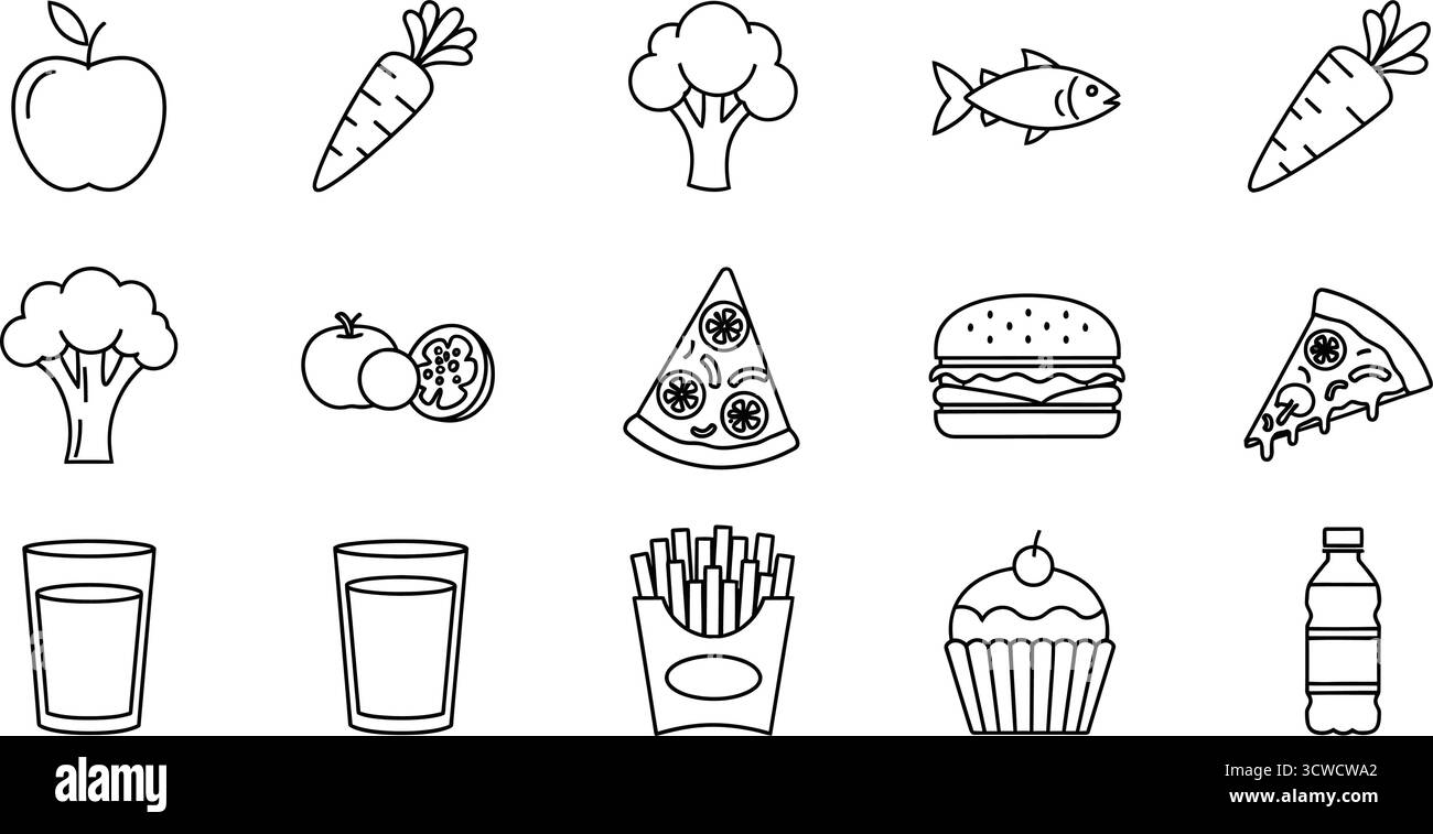 Collecte de divers produits alimentaires, y compris des fruits, des légumes, de la restauration rapide et des boissons Illustration de Vecteur