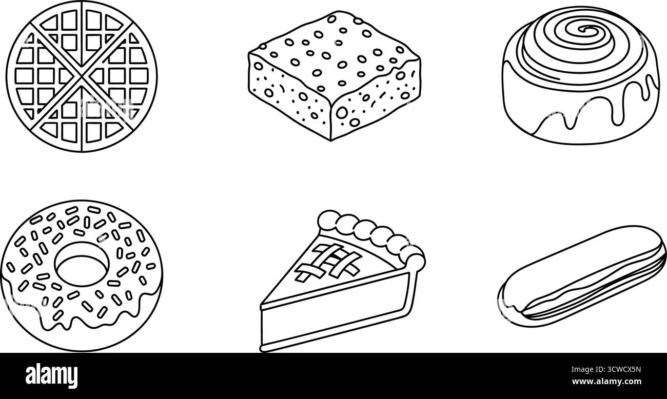 Un délicieux assortiment de friandises sucrées, y compris des gaufres, brownies, petits pains à la cannelle, beignets, tranches de tarte, et éclairs Illustration de Vecteur