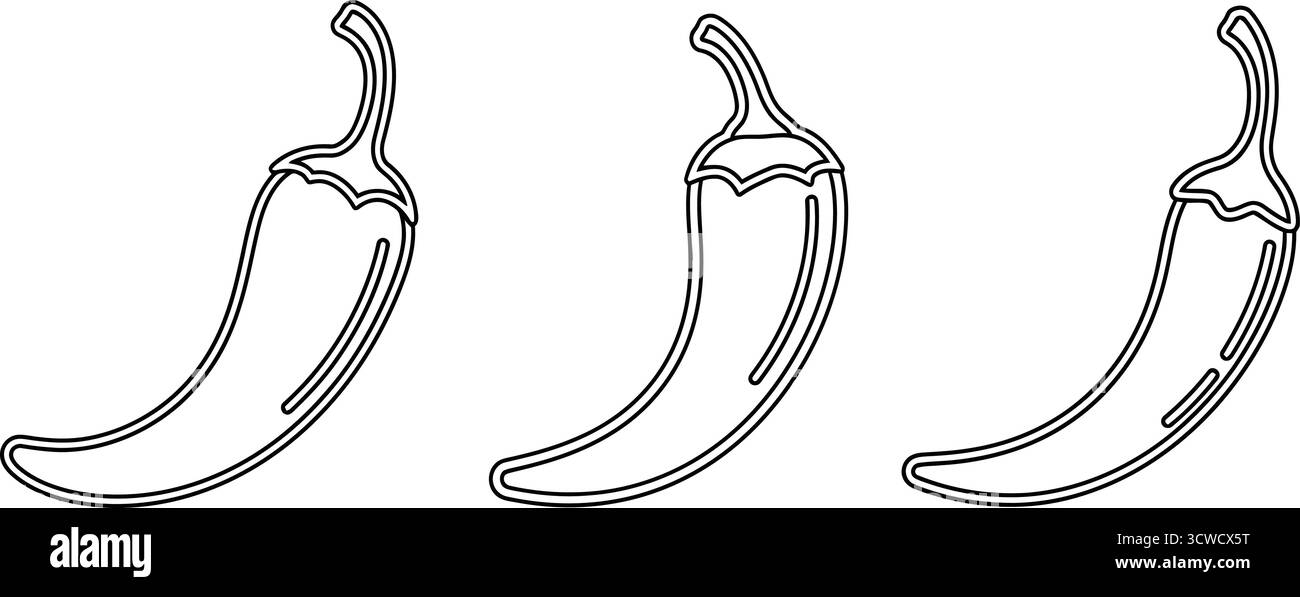 Trois piments dans une rangée, dessinés dans un style simple de contour noir Illustration de Vecteur