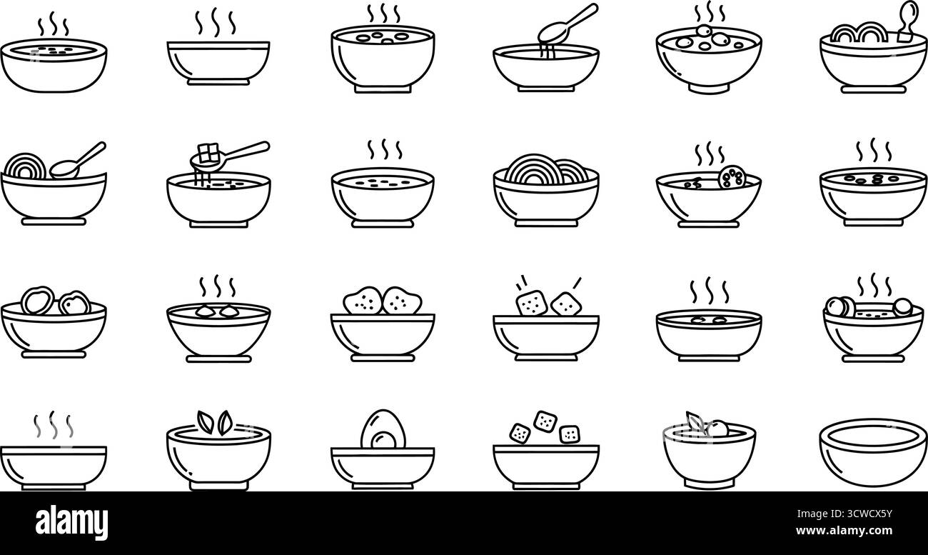 Collection de bols avec divers aliments dans un style simple noir et ligne d'art Illustration de Vecteur