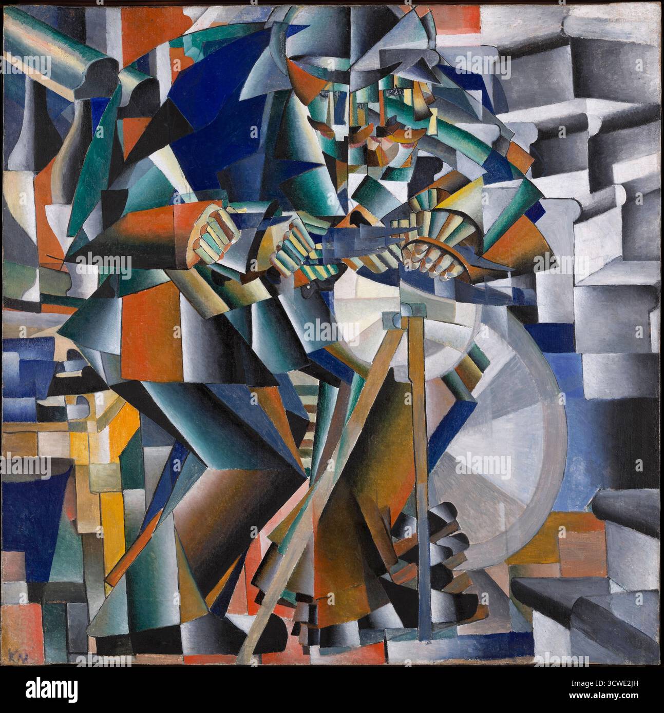 Tochil'schik Printsip Mel'kaniia (le broyeur de couteaux ou principe de scintillement), 1912–13 peinture de l'artiste russe Kazimir Malevitch (1878-1935) montrant un homme utilisant un dispositif d'affûtage portable, dans un style cubiste et futuriste avec des formes géométriques abstraites pour exprimer le dynamisme mécanique et le mouvement. Banque D'Images Tochil'schik Printsip Mel'kaniia (le broyeur de couteaux ou principe de scintillement), 1912–13 peinture de l'artiste russe Kazimir Malevitch (1878-1935) montrant un homme utilisant un dispositif d'affûtage portable, dans un style cubiste et futuriste avec des formes géométriques abstraites pour exprimer le dynamisme mécanique et le mouvement. Banque D'Images