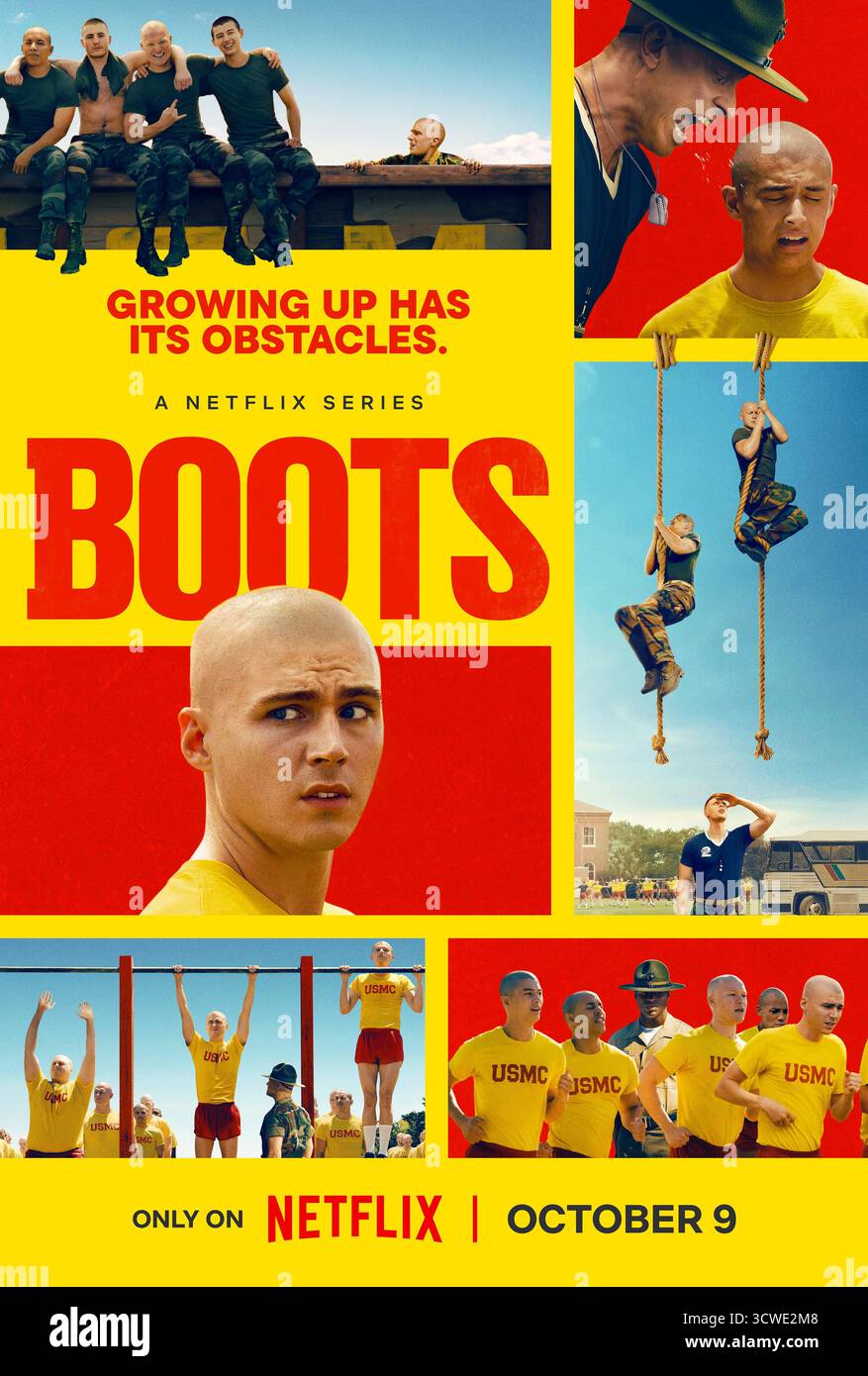 Boots (2025-) série télévisée créée par Andy Parker et basée sur les mémoires de Greg Cope White et mettant en vedette Miles Heizer, Vera Farmiga et Liam Oh. Un adolescent secrètement gay et son meilleur ami rejoignent les Marines dans les années 1990, affrontant les préjugés, la loyauté et la découverte de soi à travers les défis du camp d'entraînement. Affiche publicitaire À USAGE ÉDITORIAL EXCLUSIF. Crédit : BFA / Netflix Banque D'Images Boots (2025-) série télévisée créée par Andy Parker et basée sur les mémoires de Greg Cope White et mettant en vedette Miles Heizer, Vera Farmiga et Liam Oh. Un adolescent secrètement gay et son meilleur ami rejoignent les Marines dans les années 1990, affrontant les préjugés, la loyauté et la découverte de soi à travers les défis du camp d'entraînement. Affiche publicitaire À USAGE ÉDITORIAL EXCLUSIF. Crédit : BFA / Netflix Banque D'Images