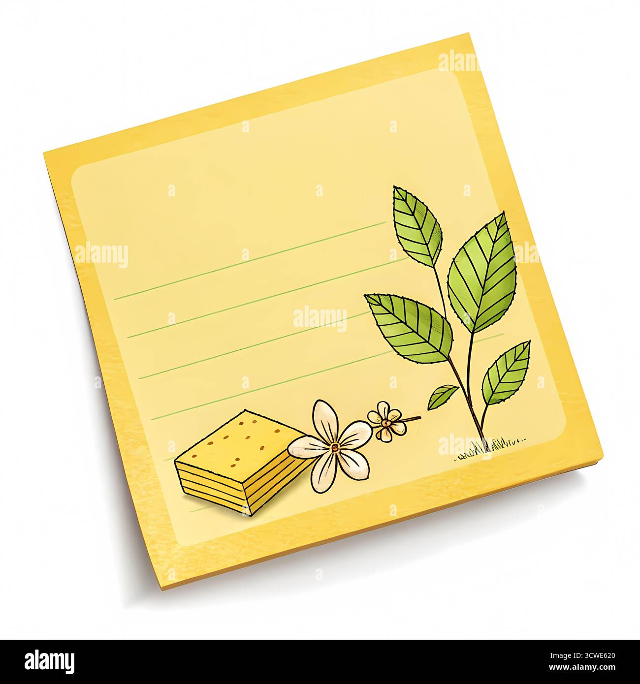 Notes collantes jaunes avec feuilles vertes et fleurs : papeterie fraîche et naturelle pour des notes sur le thème de la nature. Copier l'espace. Banque D'Images
