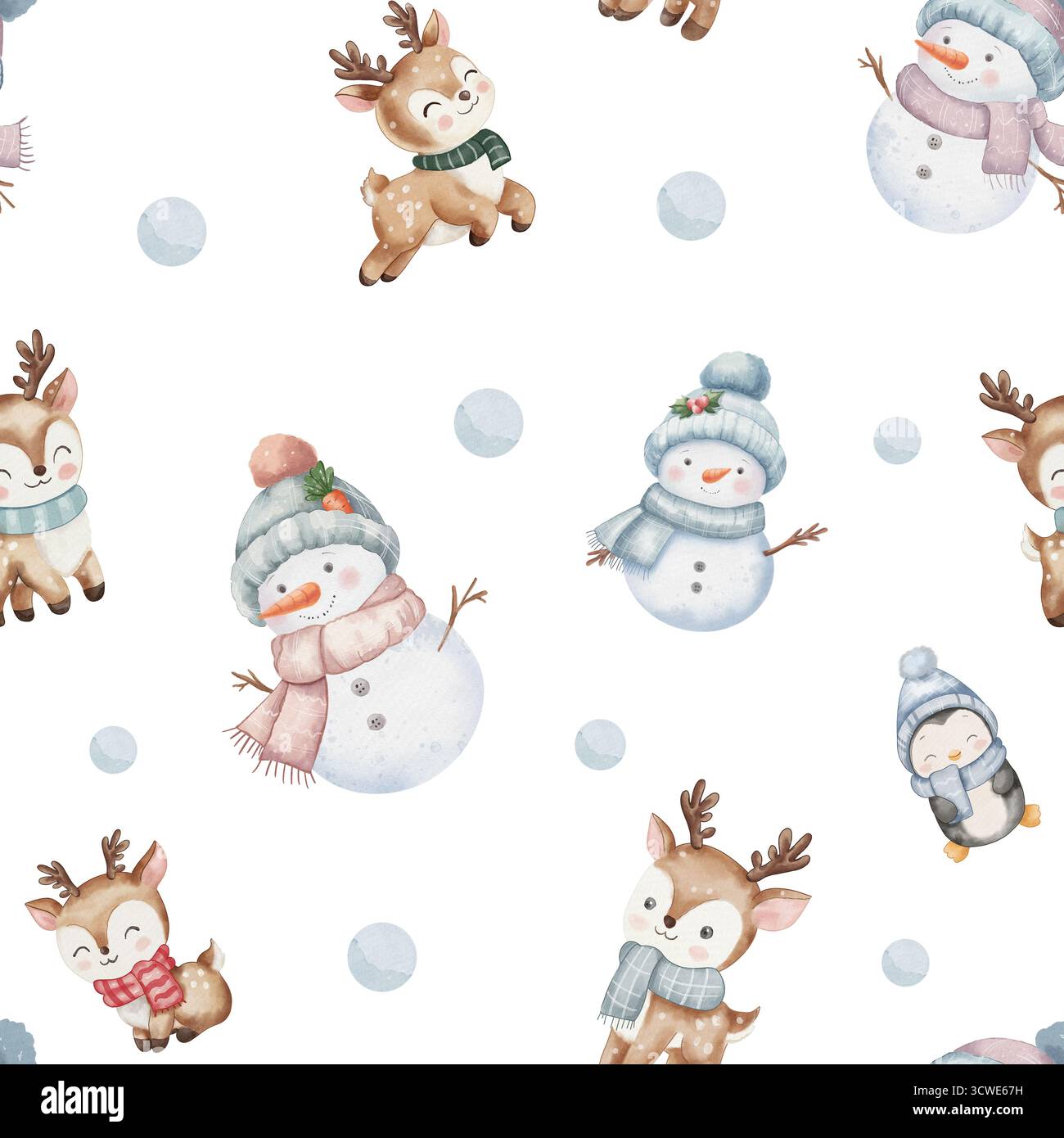 charmant motif aquarelle sans couture avec des bonhommes de neige mignons, des bébés rennes et des pingouins dans des couleurs pastel. Parfait pour les créations festives de Noël et de vacances d'hiver. Fond blanc. Banque D'Images