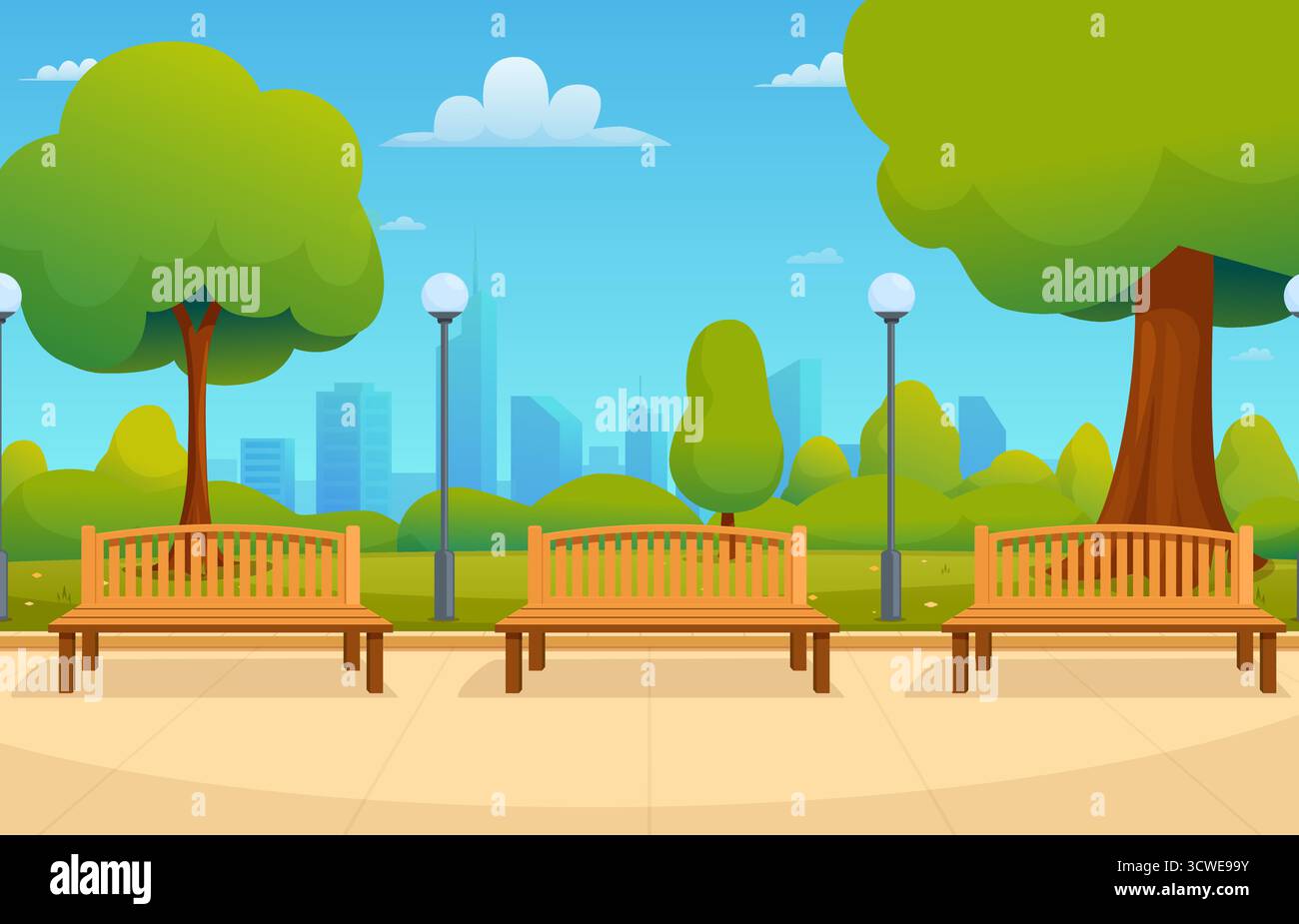 Parc urbain vide. Banc en bois, arbre, lanterne. Lieu public extérieur de dessin animé pour le repos, le jogging, la marche. Architecture moderne urbaine, sapid vecteur illustr Illustration de Vecteur