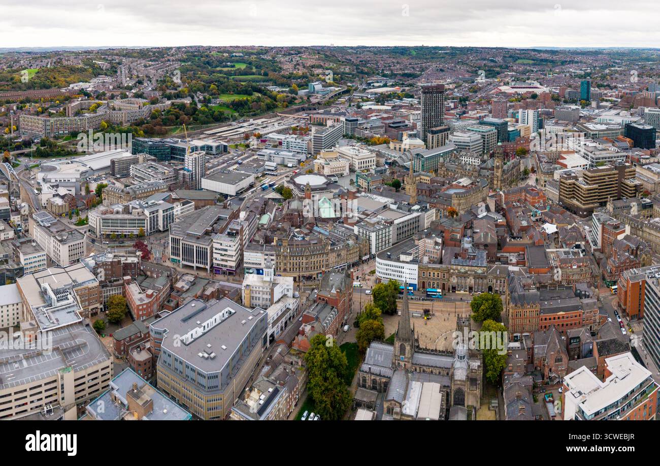 Vue aérienne du paysage urbain de Sheffield dans le South Yorkshire, Royaume-Uni avec le Crucible Theatre et Winter Gardens Banque D'Images