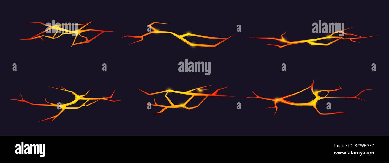 La lave coule dans les fissures du sol. Magma chaud, rouge orange brillant chauffage design cassé. Éléments naturels de fracture décoratifs, effets de tremblements de terre, de nos jours v Illustration de Vecteur