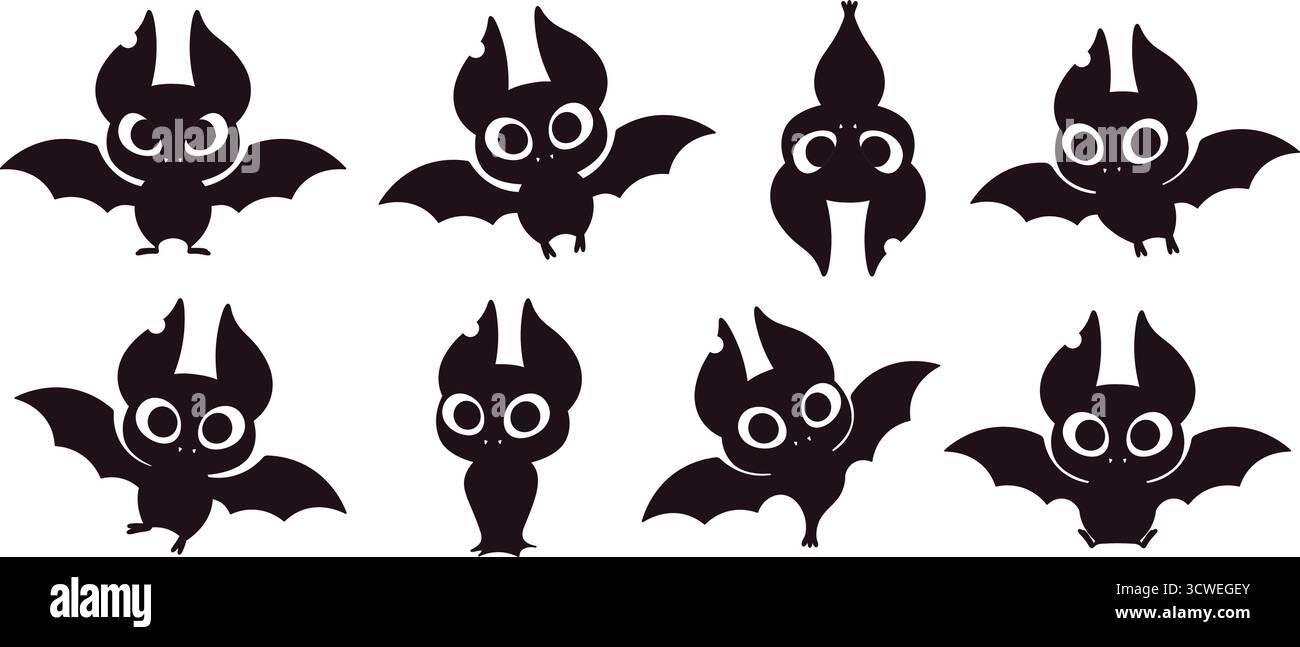 Des chauves-souris noires drôles. Personnages de chauve-souris d'Halloween diverses poses. Animaux de dessin animé mignons volant, en colère, assis. Modèles d'autocollants muraux isolés, vecteur racy s Illustration de Vecteur