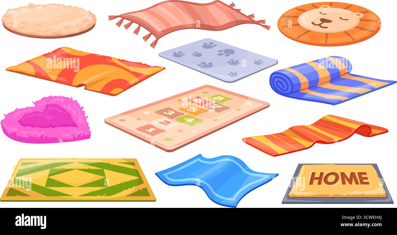 Tapis de dessin animé. Rouleau de tapis de laine, tapis pour le yoga ou chien animal moelleux tapis chambre salon salle de séjour enfant couverture de tissu maison paillasson tapis faits main pique-nique, ensemble Illustration de Vecteur