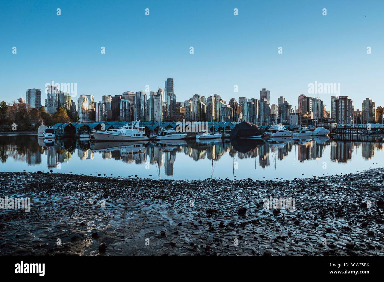Les grands bâtiments de l'horizon de la ville se dressent fièrement contre un ciel bleu clair, reflétant magnifiquement dans l'eau calme ci-dessous au crépuscule. Banque D'Images