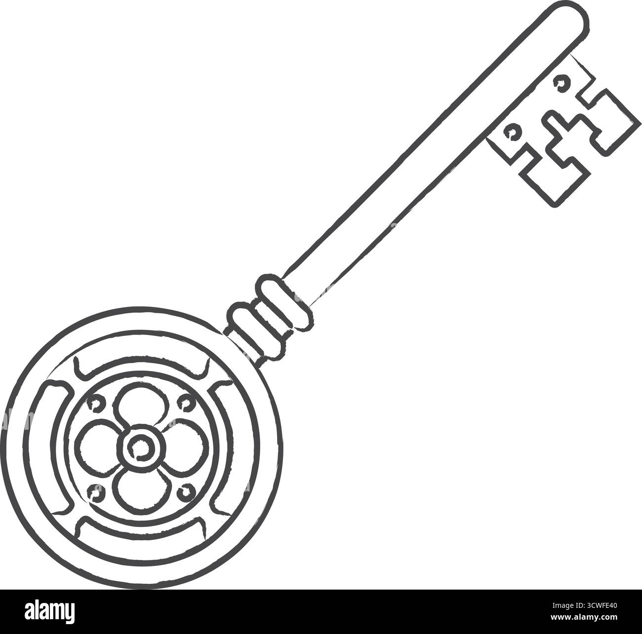 Une longue clé antique comporte un engrenage circulaire comme un arc et un bit décoratif suggérant un style steampunk Illustration de Vecteur