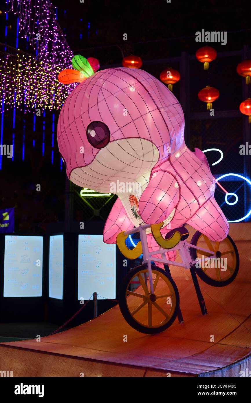 Lerongrong , mascotte officielle des 15èmes Jeux nationaux de la République populaire de Chine sur un vélo de piste, illuminé dans Victoria Park, Hong Kong Banque D'Images