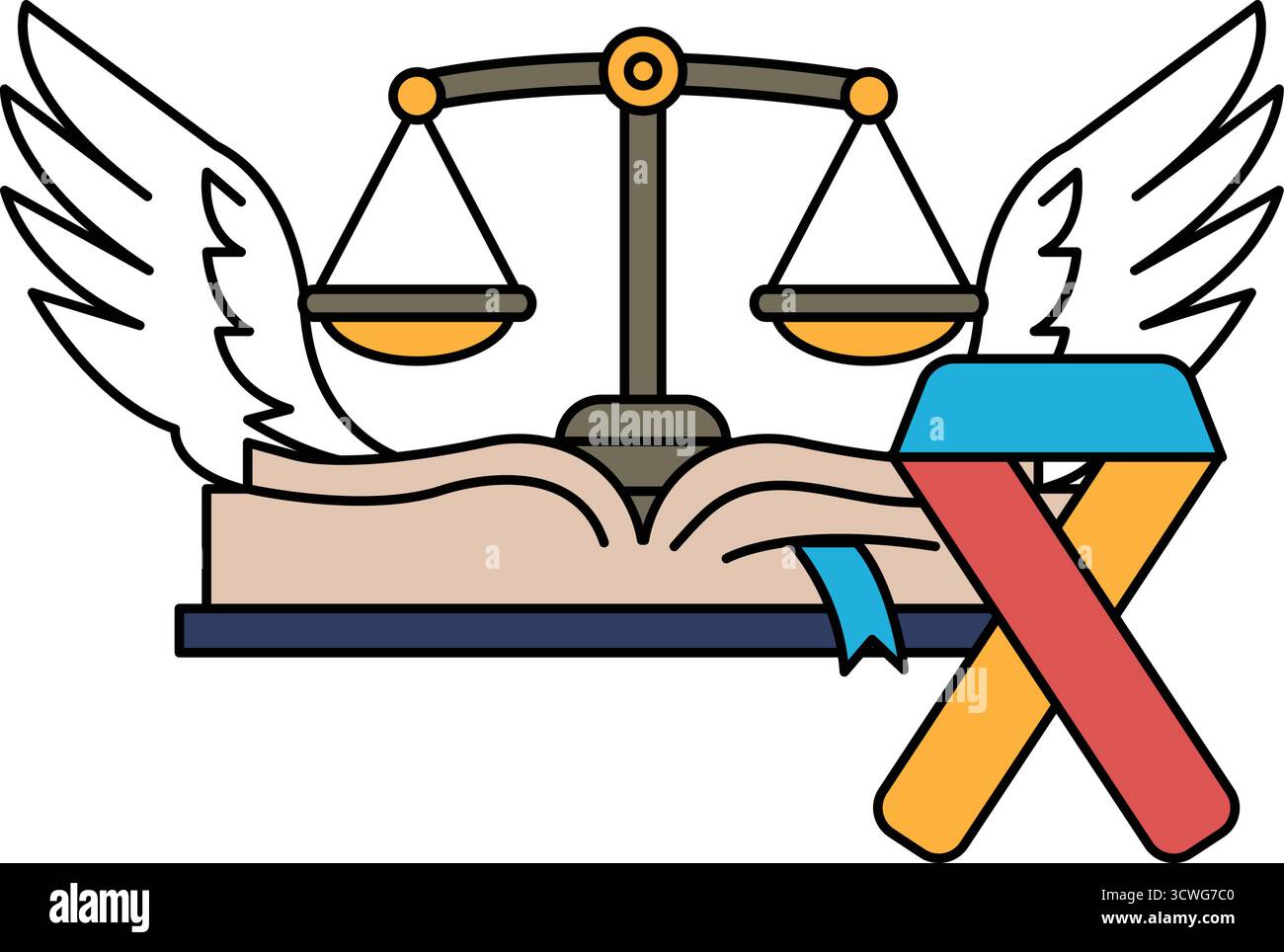 Un dessin noir et blanc d'échelles de justice avec un ruban attaché à elle. Le ruban est lié à la balance de la justice, qui est un symbole de la justice et Illustration de Vecteur