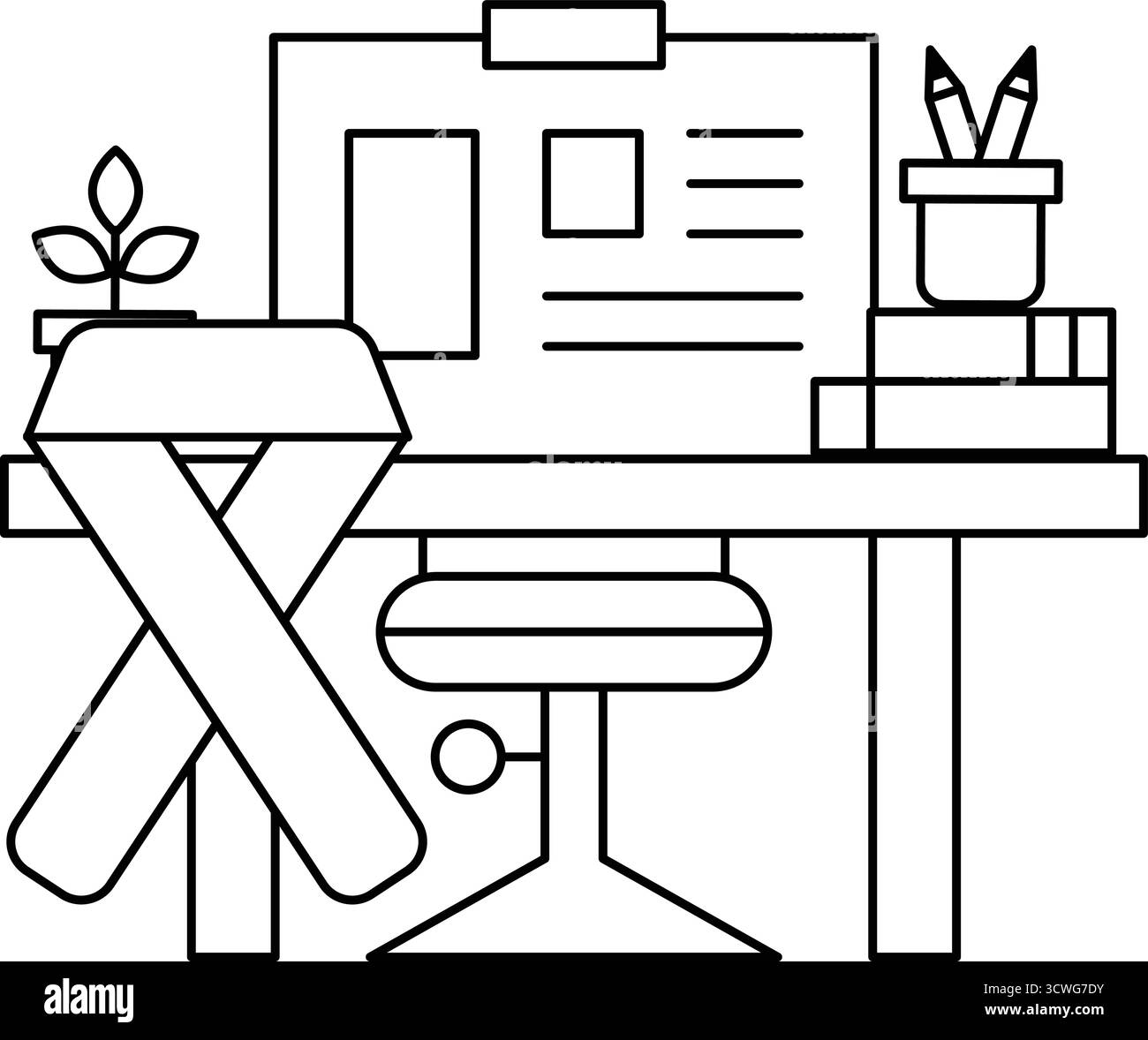Un bureau avec une chaise et une plante. Le bureau est recouvert d'un drap blanc et d'un livre Illustration de Vecteur Un bureau avec une chaise et une plante. Le bureau est recouvert d'un drap blanc et d'un livre Illustration de Vecteur