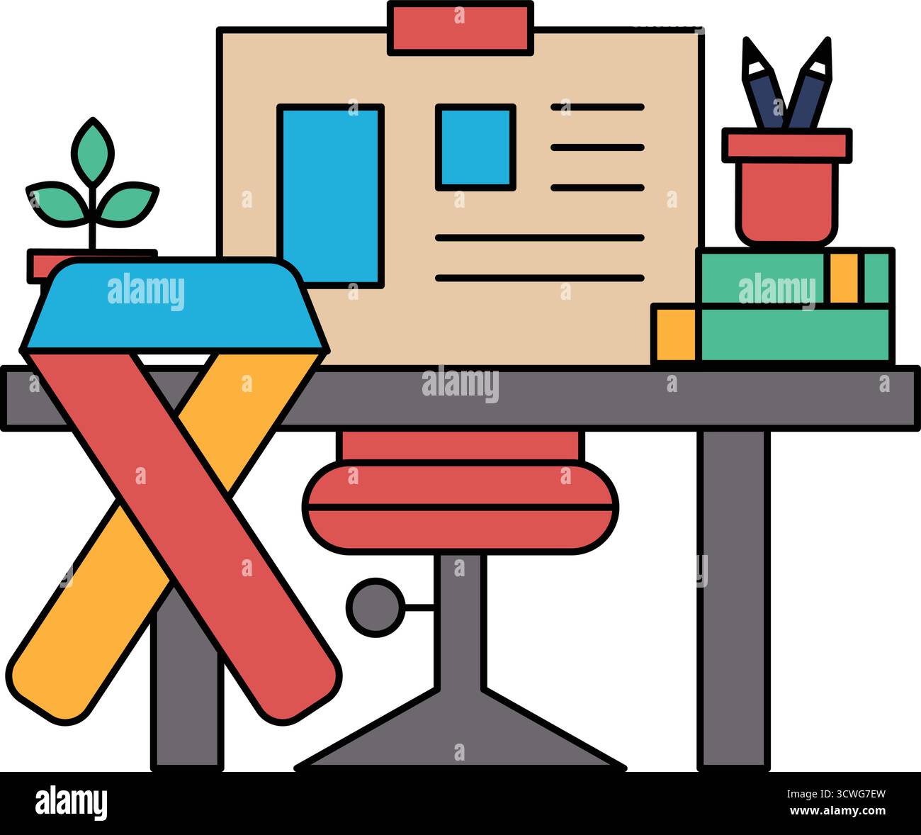 Un bureau avec une chaise et une plante. Le bureau est recouvert d'un drap blanc et d'un livre Illustration de Vecteur Un bureau avec une chaise et une plante. Le bureau est recouvert d'un drap blanc et d'un livre Illustration de Vecteur