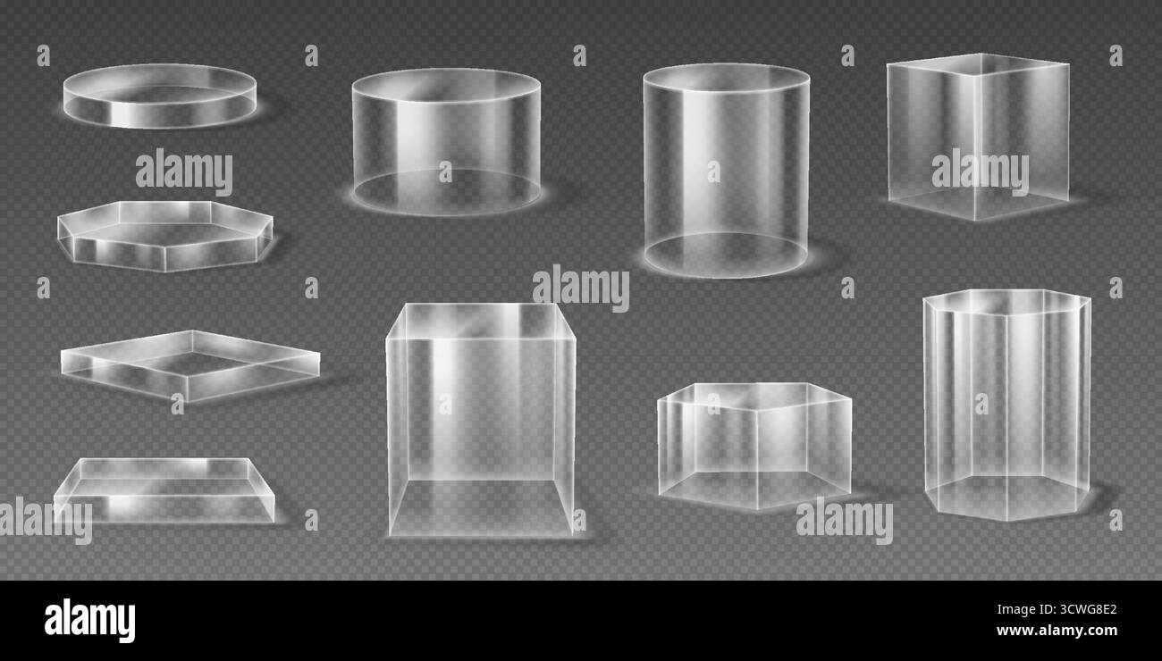 Collection de formes 3D en verre de podium géométrique transparent dans différents modèles et tailles. Affiché sur un arrière-plan à motif de grille. Idéal pour moderne de Illustration de Vecteur