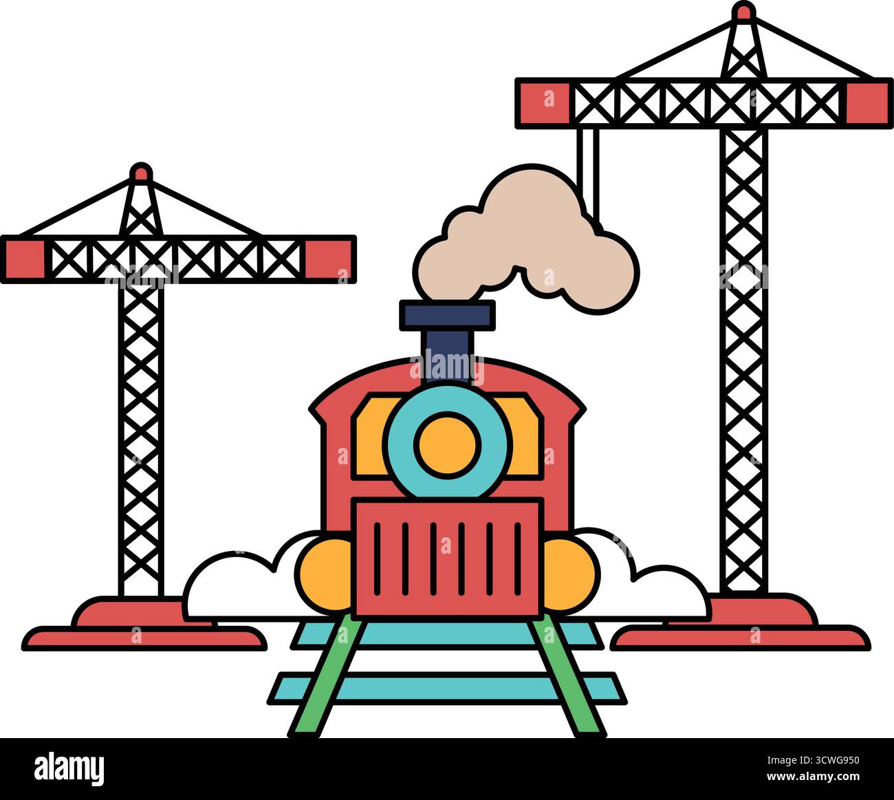 Dessin en noir et blanc d'un train avec une machine à vapeur et deux grues en arrière-plan Illustration de Vecteur