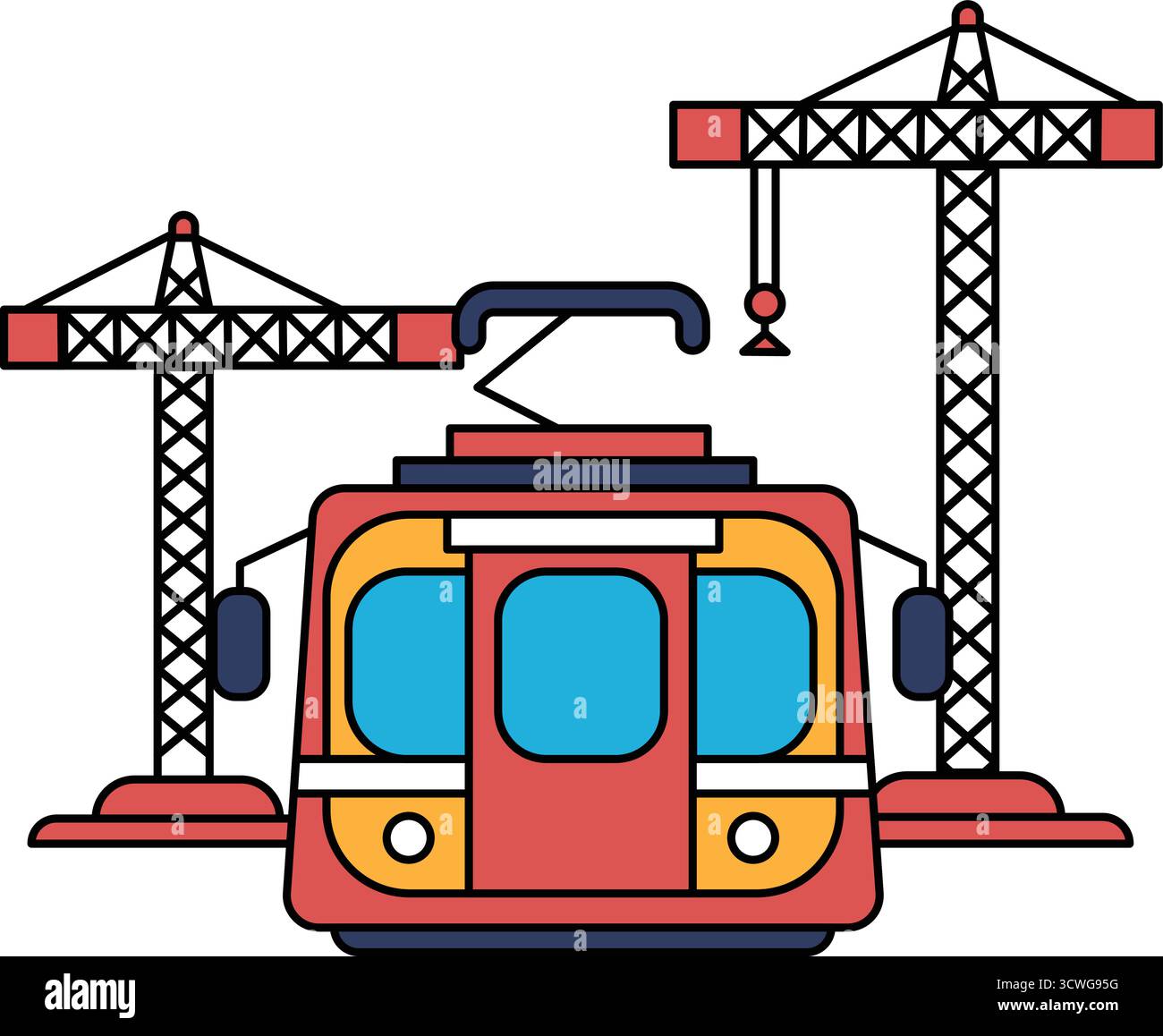Un train est représenté avec deux grues en arrière-plan. Le train est noir et blanc. Le train est le principal foyer de l'image Illustration de Vecteur