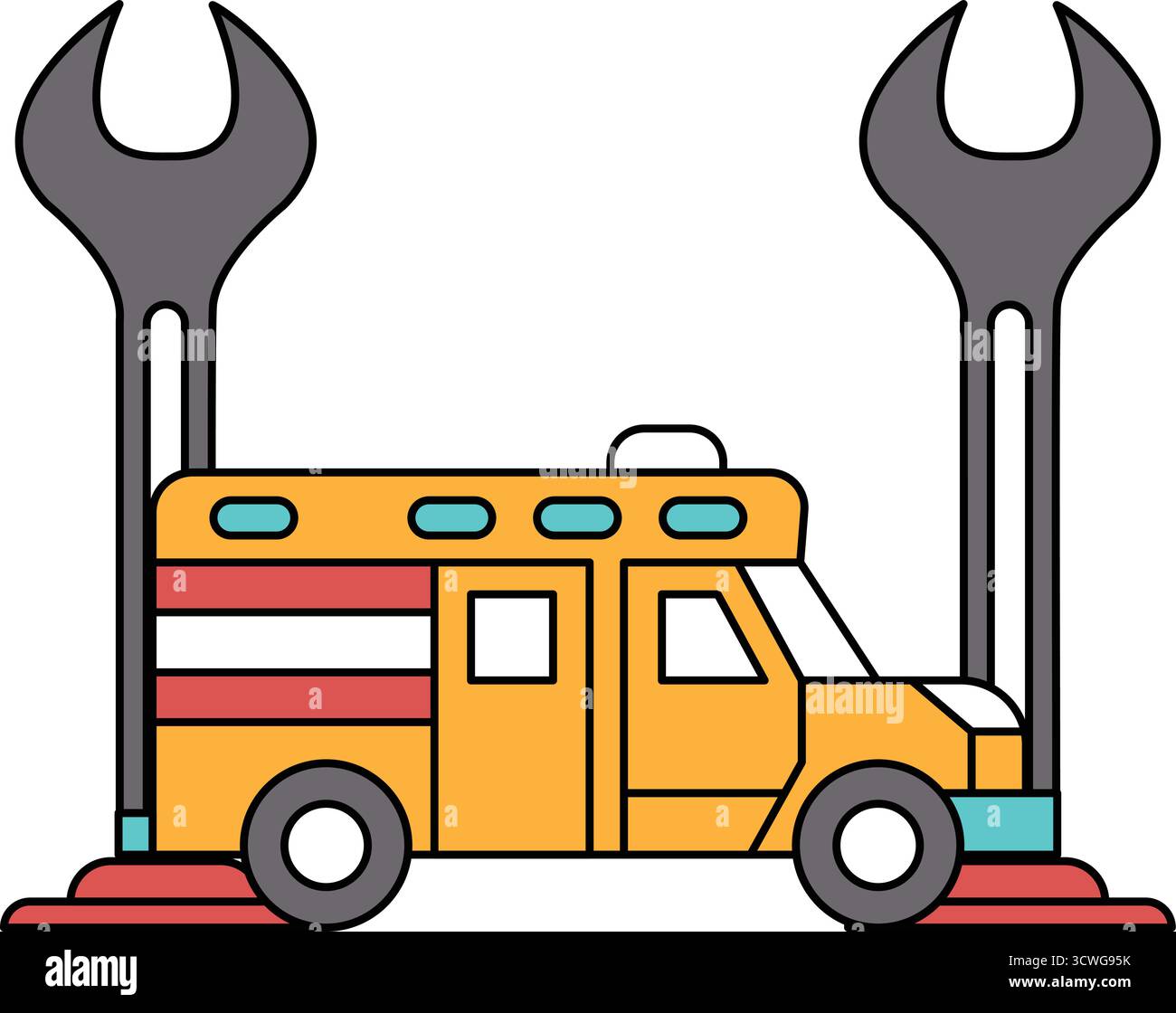 Dessin noir et blanc d'un camion de pompiers avec une clé sur le dessus. Notion d'urgence et de disponibilité à agir Illustration de Vecteur