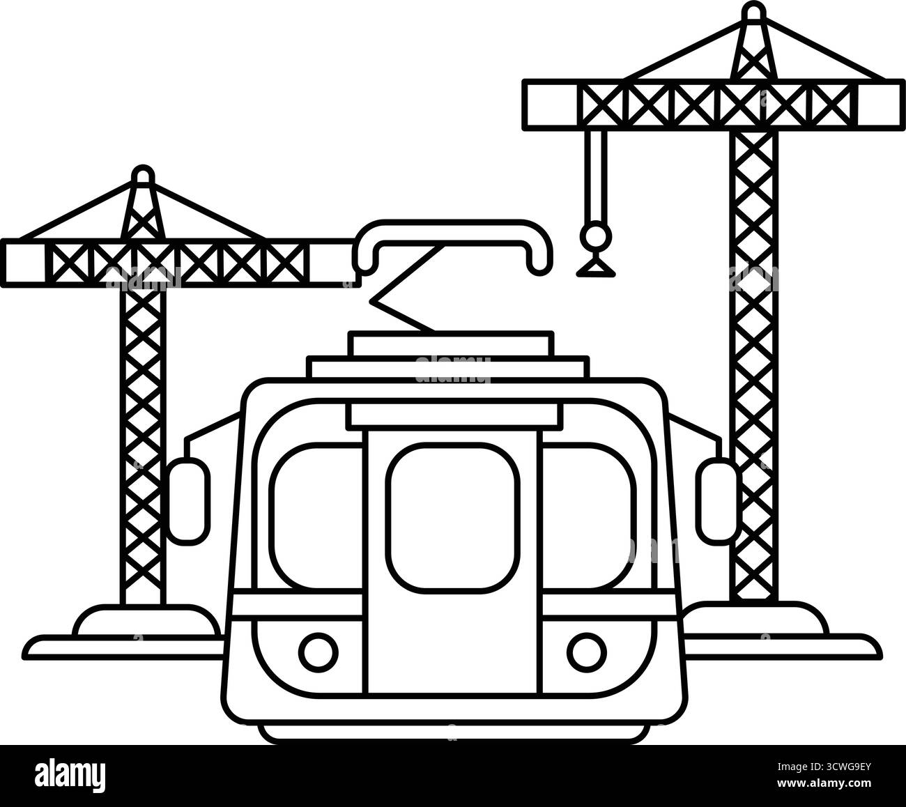 Un train est représenté avec deux grues en arrière-plan. Le train est noir et blanc. Le train est le principal foyer de l'image Illustration de Vecteur