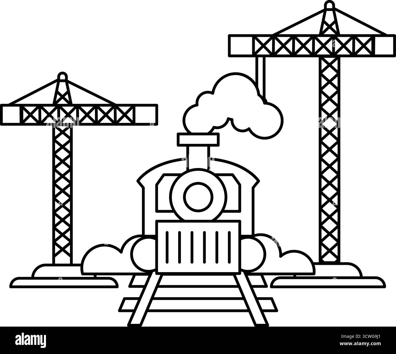 Dessin en noir et blanc d'un train avec une machine à vapeur et deux grues en arrière-plan Illustration de Vecteur
