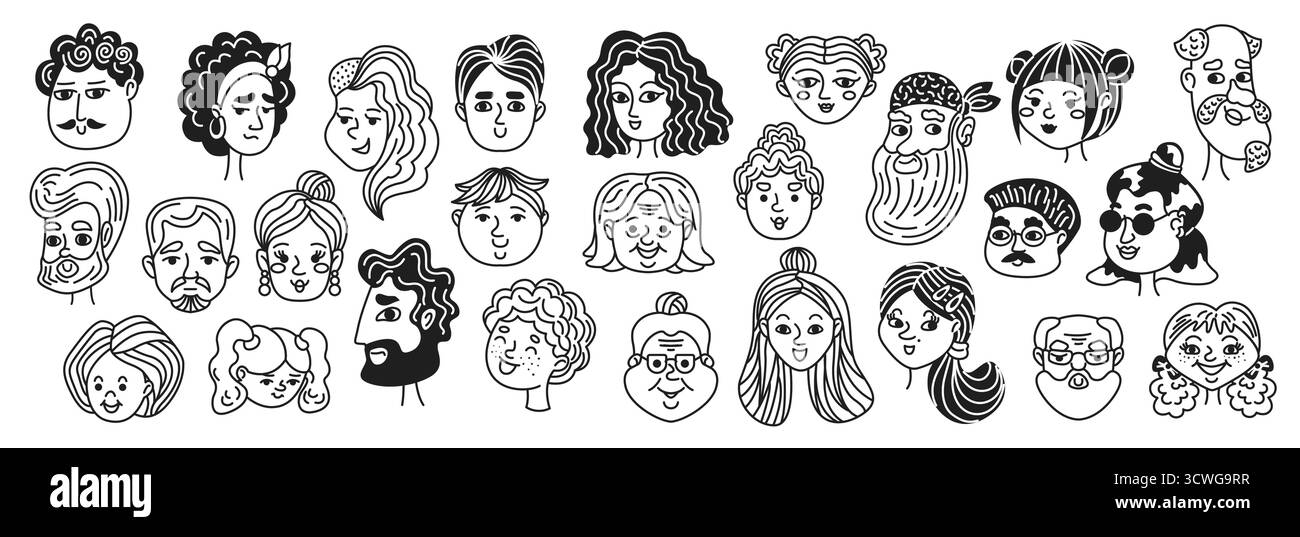 Collection de visages de dessins animés en noir et blanc. Diverses expressions et coiffures. Chaque illustration représente différentes émotions et styles, showca Illustration de Vecteur