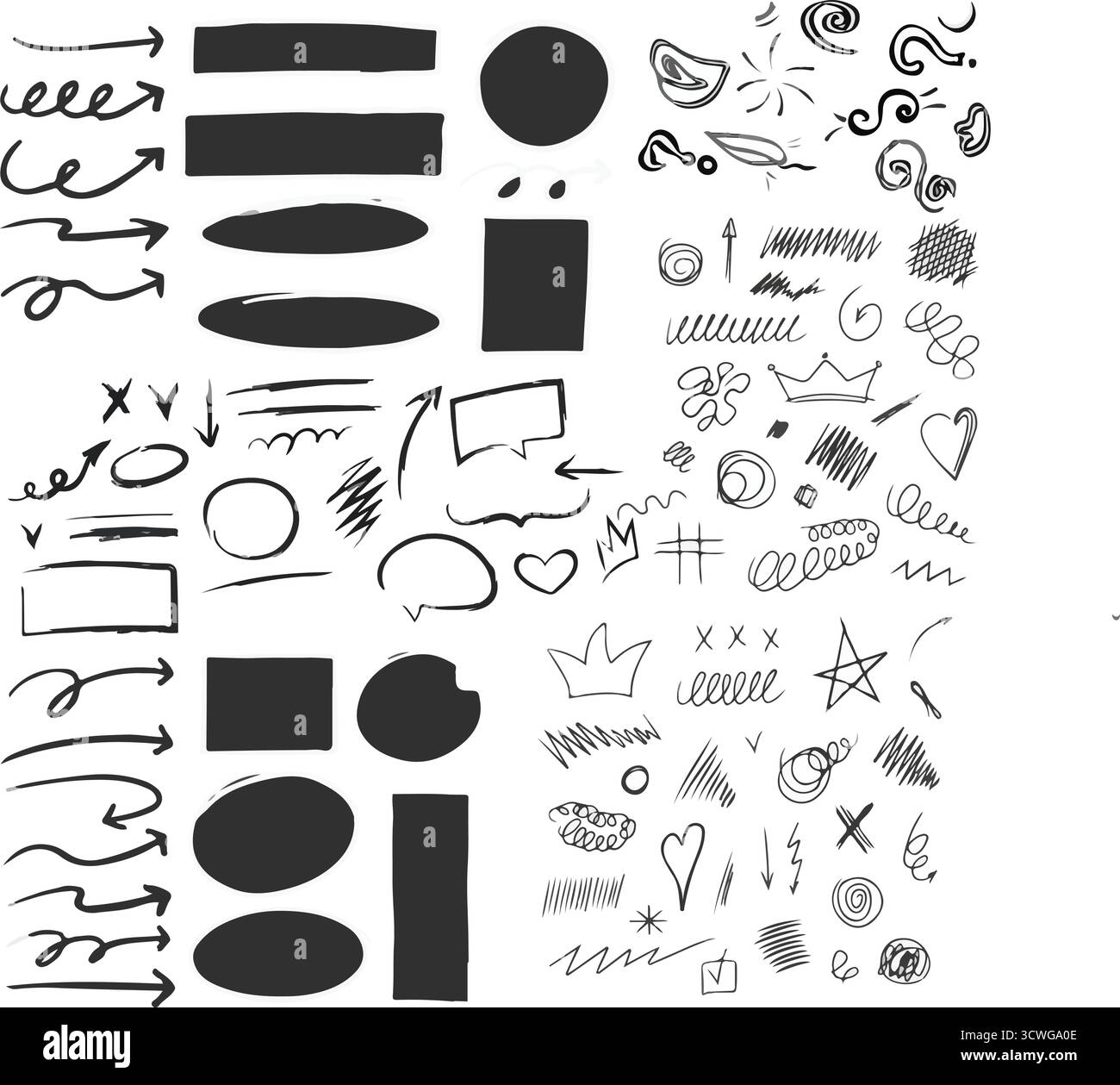 Conception de conseil scolaire avec Doodles pour enfants - Scribble dessiné à la main, flèches, surligneurs et collection vectorielle Alphabet Illustration de Vecteur