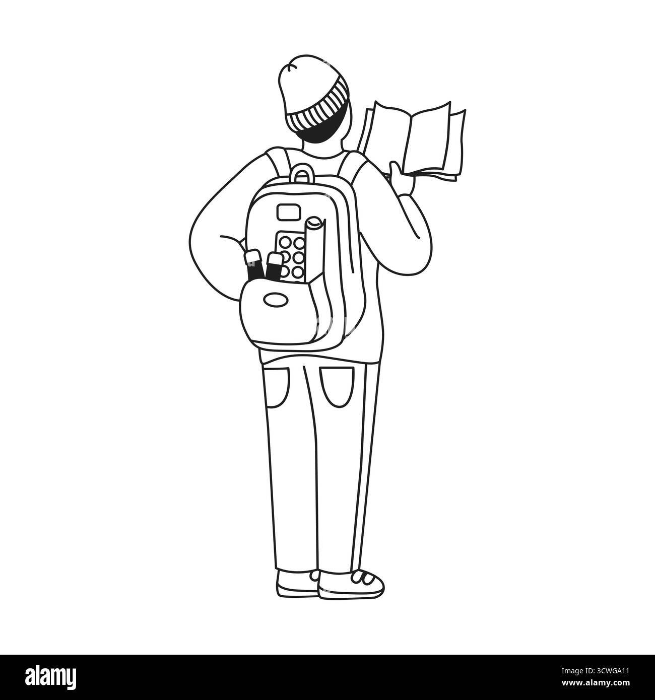 Dessin au trait d'une personne portant des vêtements décontractés avec un sac à dos. Ils tiennent un livre ouvert, suggérant un thème d'apprentissage ou d'exploration. Blac minimaliste Illustration de Vecteur