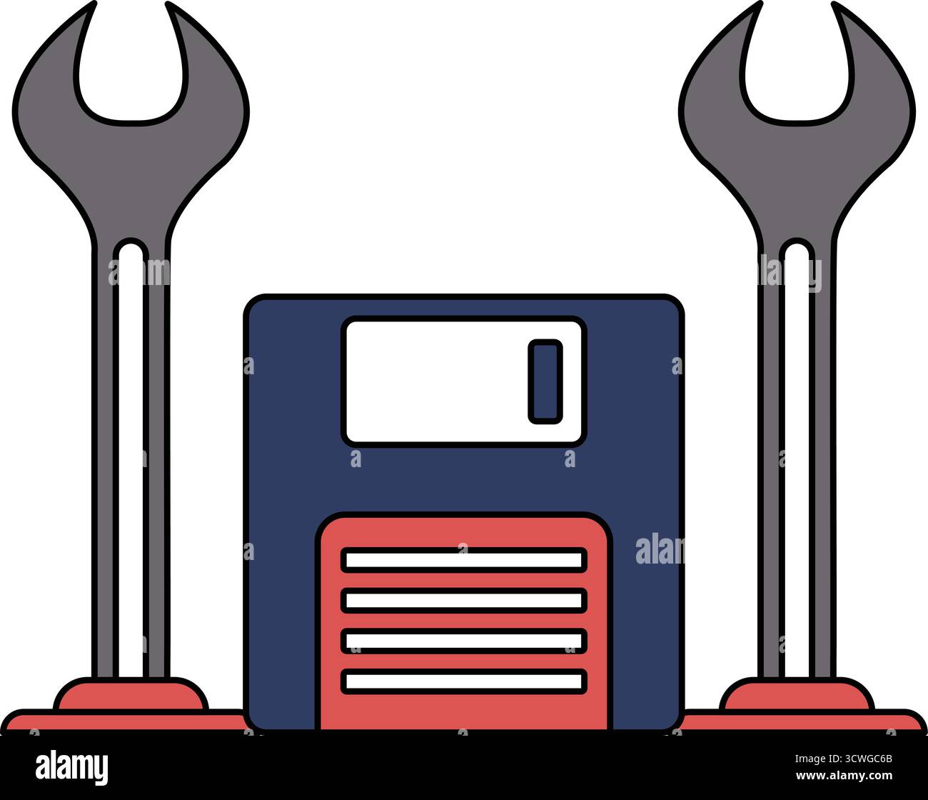 Dessin en noir et blanc d'un disque dur d'ordinateur avec une clé sur le dessus. La clé est positionnée au-dessus du disque dur, et les deux objets le sont Illustration de Vecteur