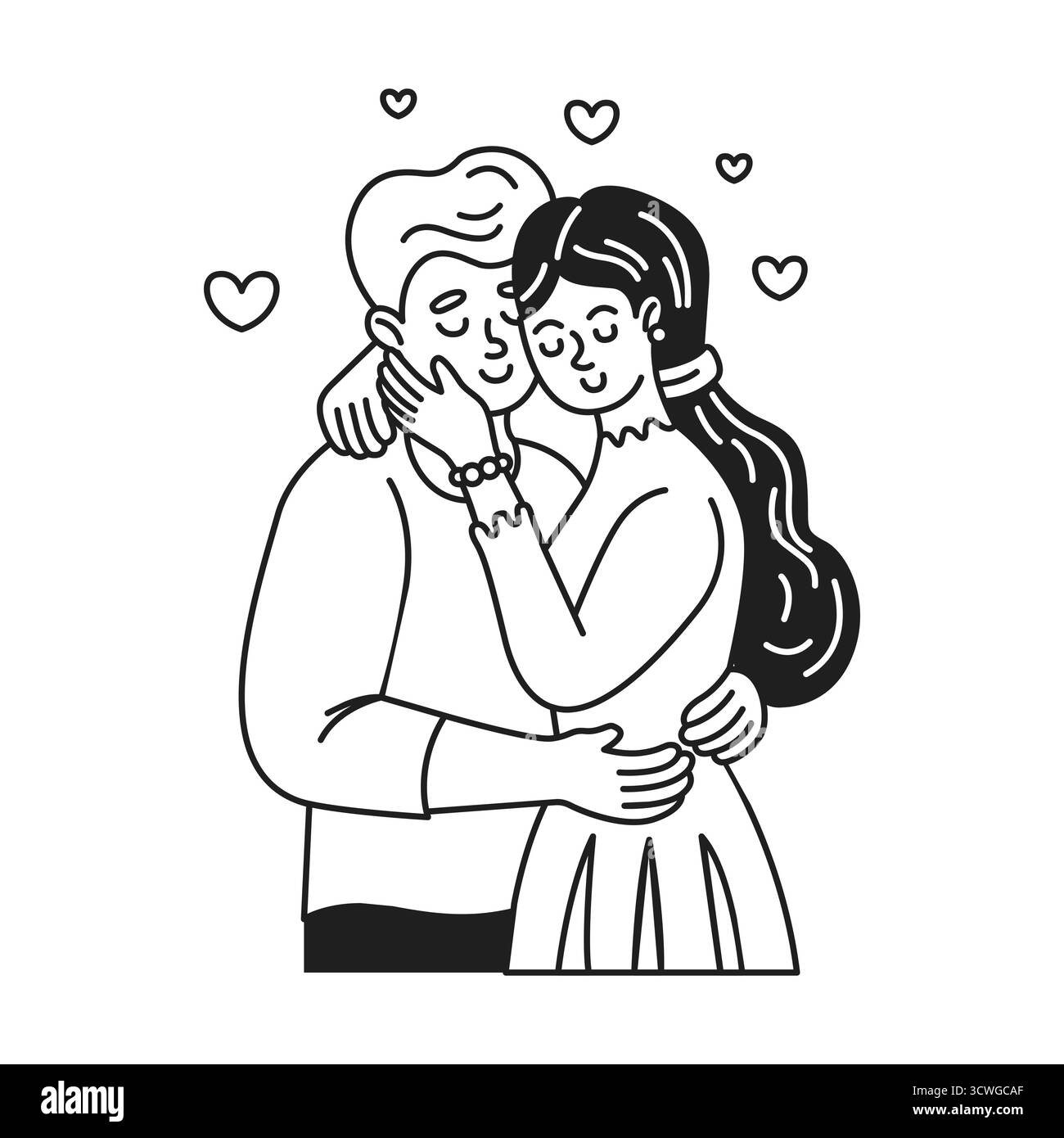 Illustration d'un couple aimant dans une étreinte chaleureuse. Le dessin au trait noir et blanc représente un moment tendre avec des cœurs flottant autour. Simple et sincère Illustration de Vecteur