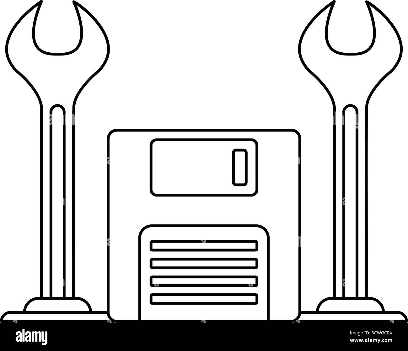 Dessin en noir et blanc d'un disque dur d'ordinateur avec une clé sur le dessus. La clé est positionnée au-dessus du disque dur, et les deux objets le sont Illustration de Vecteur