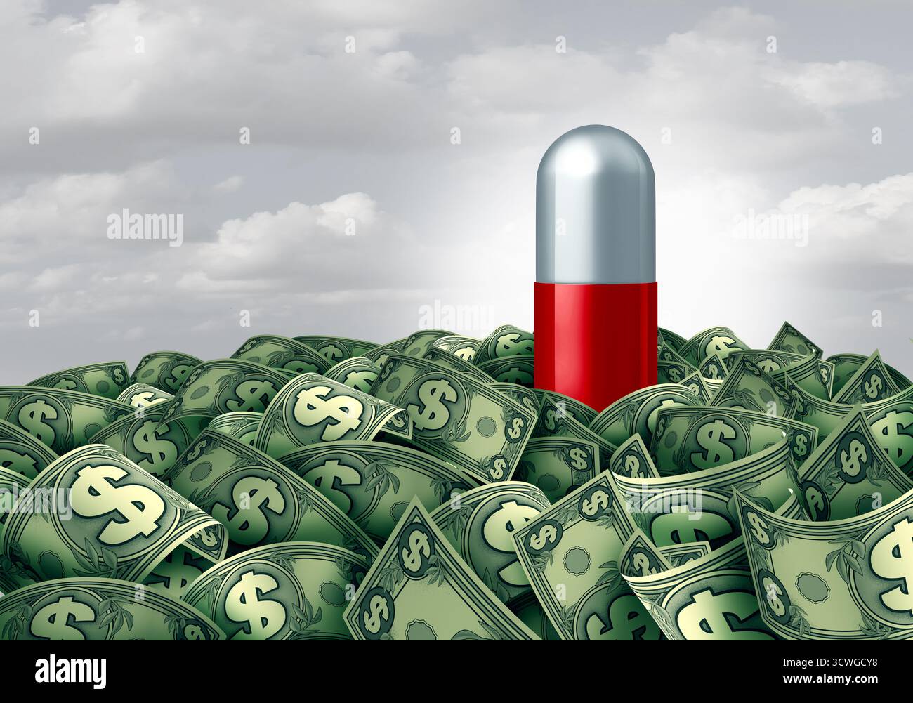 Big Pharma profits et affaires pour l'industrie pharmaceutique comme des piles d'argent de médicaments d'ordonnance et de biochimie de médecine à travers le d Banque D'Images
