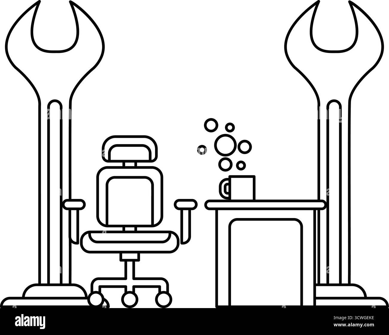 Un dessin noir et blanc d'un bureau avec une chaise et une tasse de café. La chaise est placée devant le bureau, et la tasse est placée sur le bureau. Illustration de Vecteur
