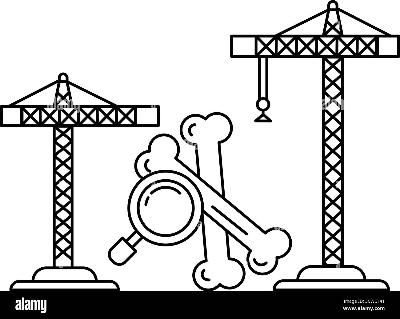 Deux grues se tiennent l'une à côté de l'autre, dont l'une porte un crâne. Le crâne est entouré d'une loupe, qui pointe vers i. Illustration de Vecteur