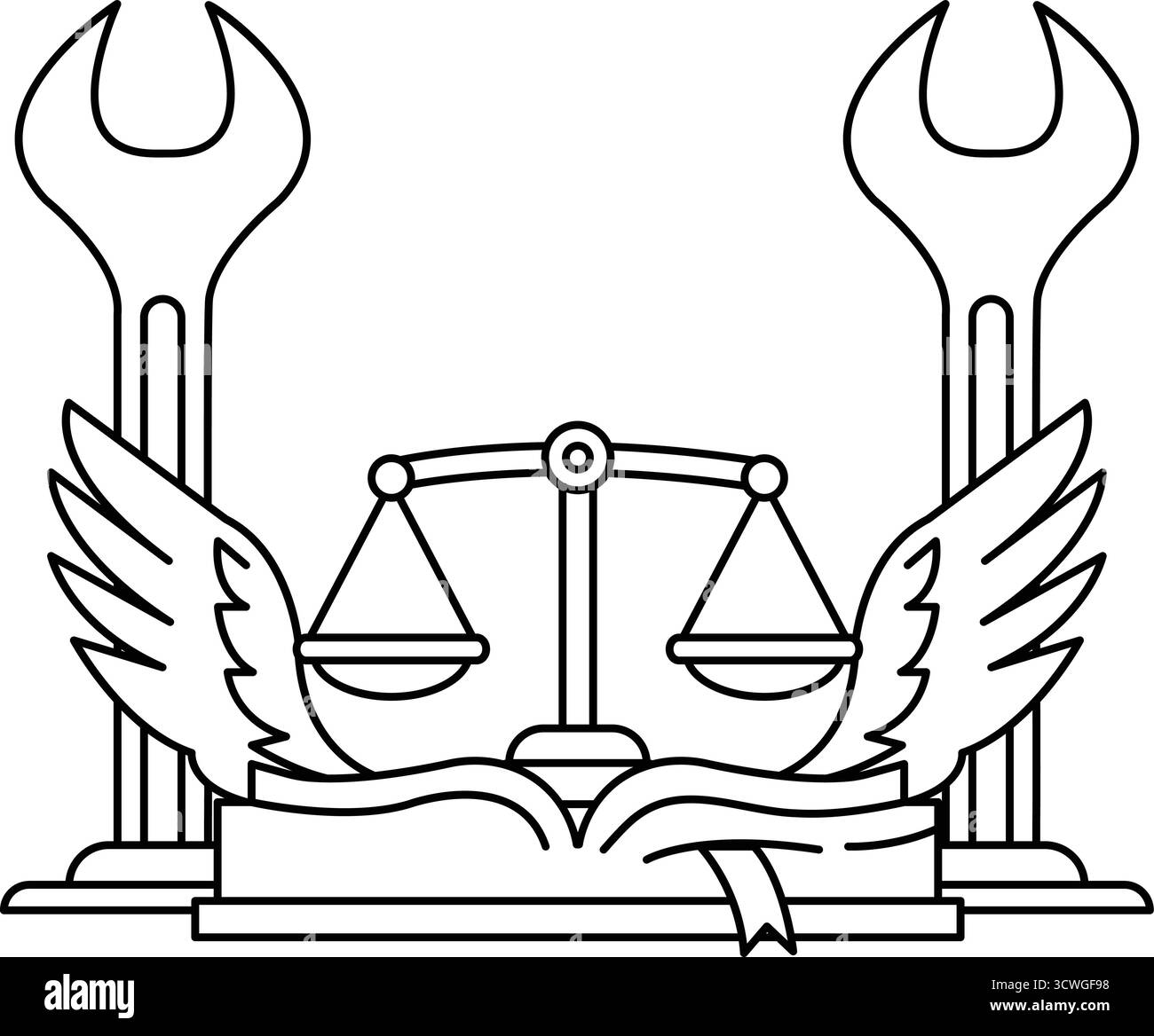 Un dessin noir et blanc d'écailles et d'ailes avec un livre sur le dessus. Les écailles et les ailes représentent la justice et l'équilibre, tandis que le livre symbolise knowle Illustration de Vecteur
