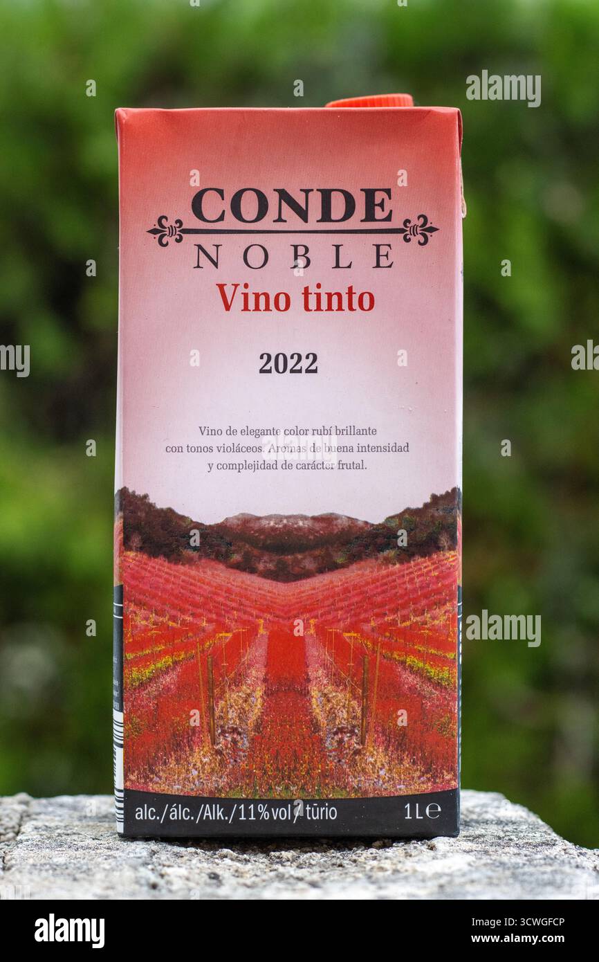 POLLENSA, MAJORQUE, ESPAGNE - 13 SEPTEMBRE 2024 boîte de 1L de Conde Noble Vino Tinto Fermer produit isolé pris à l'extérieur avec un fond naturel Banque D'Images
