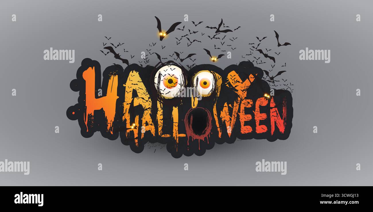 Happy Halloween couverture, affiche, placard, carte de voeux ou d'invitation ou modèle Web - beaucoup de chauves-souris volantes avec des yeux brillants sous le ciel sombre - Vecto Illustration de Vecteur