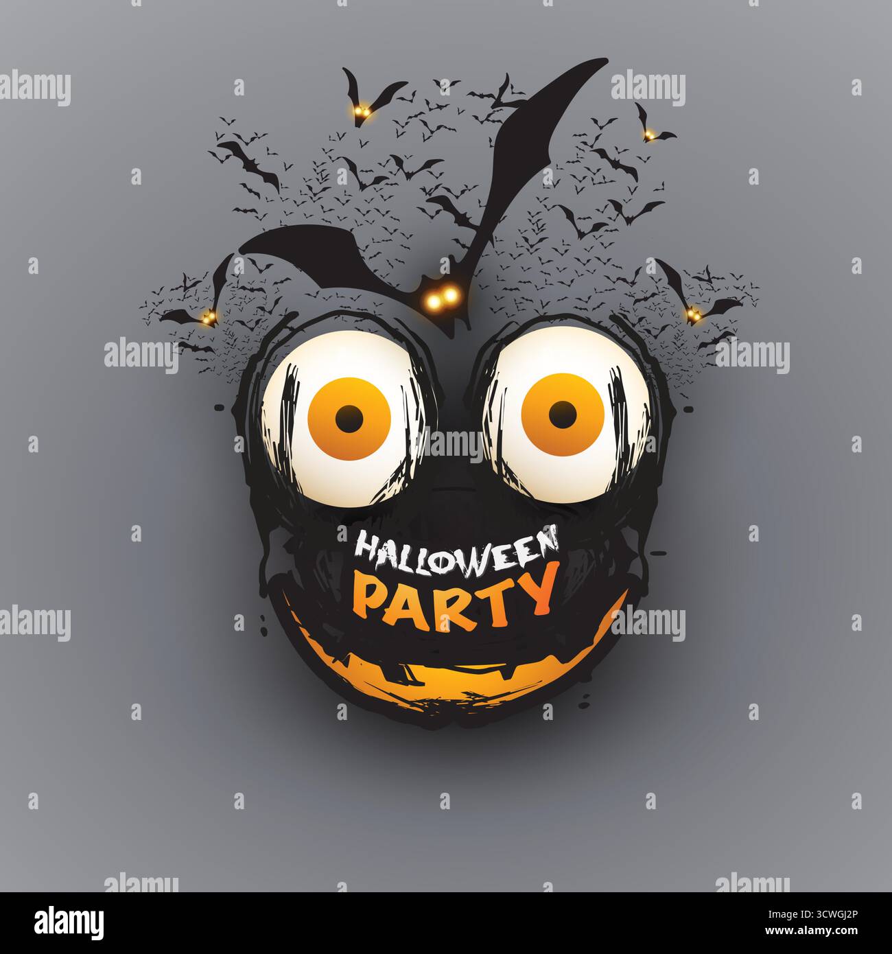 Happy Halloween carte ou couverture, bannière saisonnière d'automne, affiche, placard ou modèle de conception Web - visage sombre effrayant avec des yeux pop out et beaucoup de vol Illustration de Vecteur