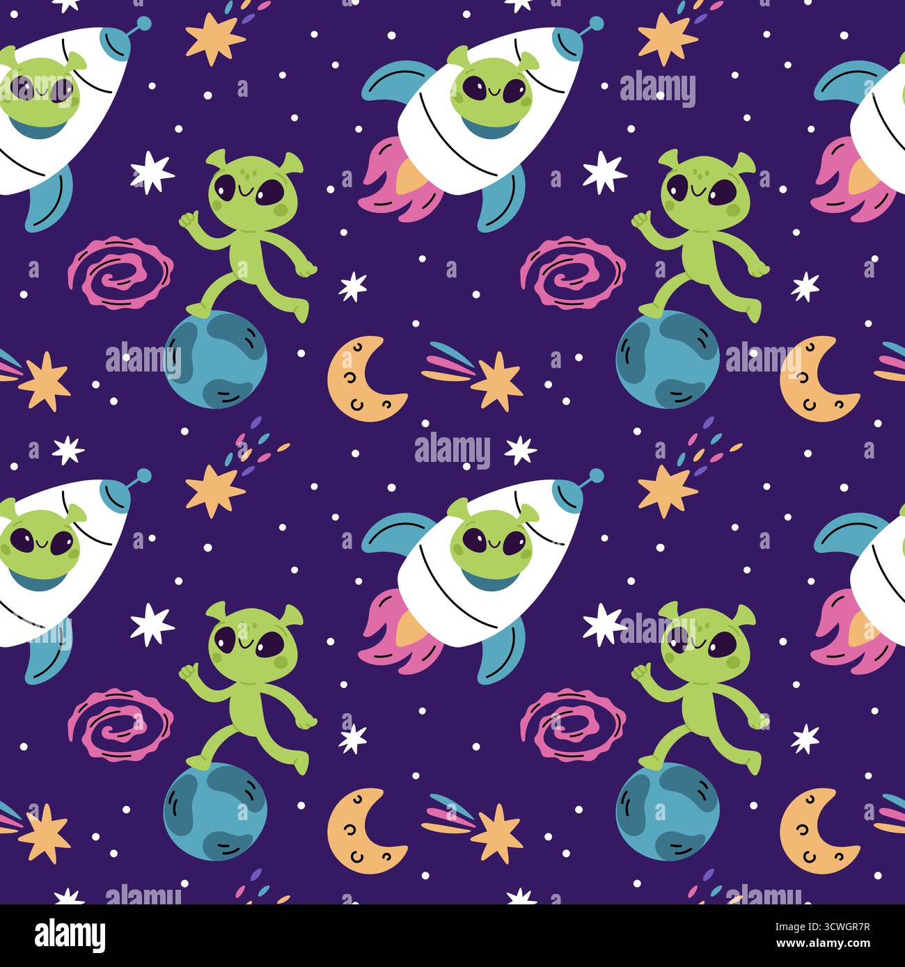 Motif sans couture d'extraterrestres verts. Dessins animés UFO personnages dans la fusée, l'espace ouvert, les planètes répétées, les comètes et les étoiles. Textile enfantin, papier d'emballage Illustration de Vecteur