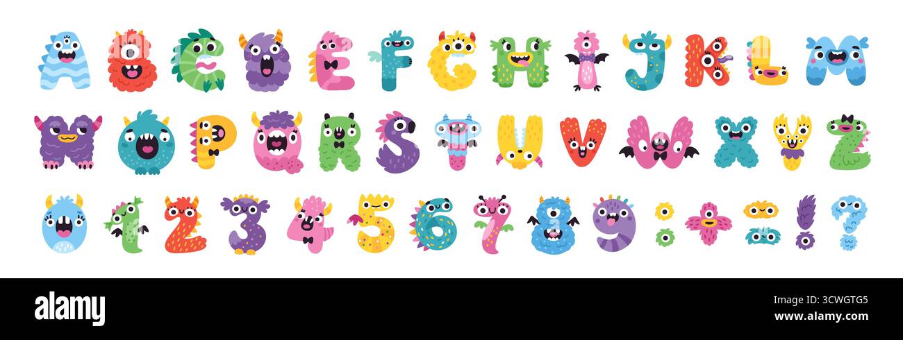 Police monstre enfants. Alphabet anglais drôle, lettres et chiffres lumineux mignons, créations moelleuses moelleuses, abc mignon enfantin, animaux créatifs de bande dessinée Illustration de Vecteur
