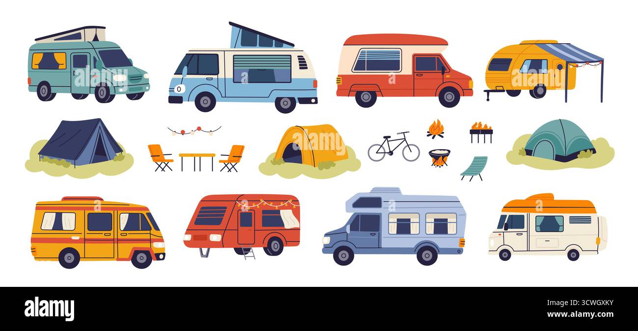 Campeurs de dessins animés. Différents types de camionnettes, remorques, camions d'été et caravanes, véhicules de loisirs de vacances, camping vacances voyage aventure dessin animé Illustration de Vecteur