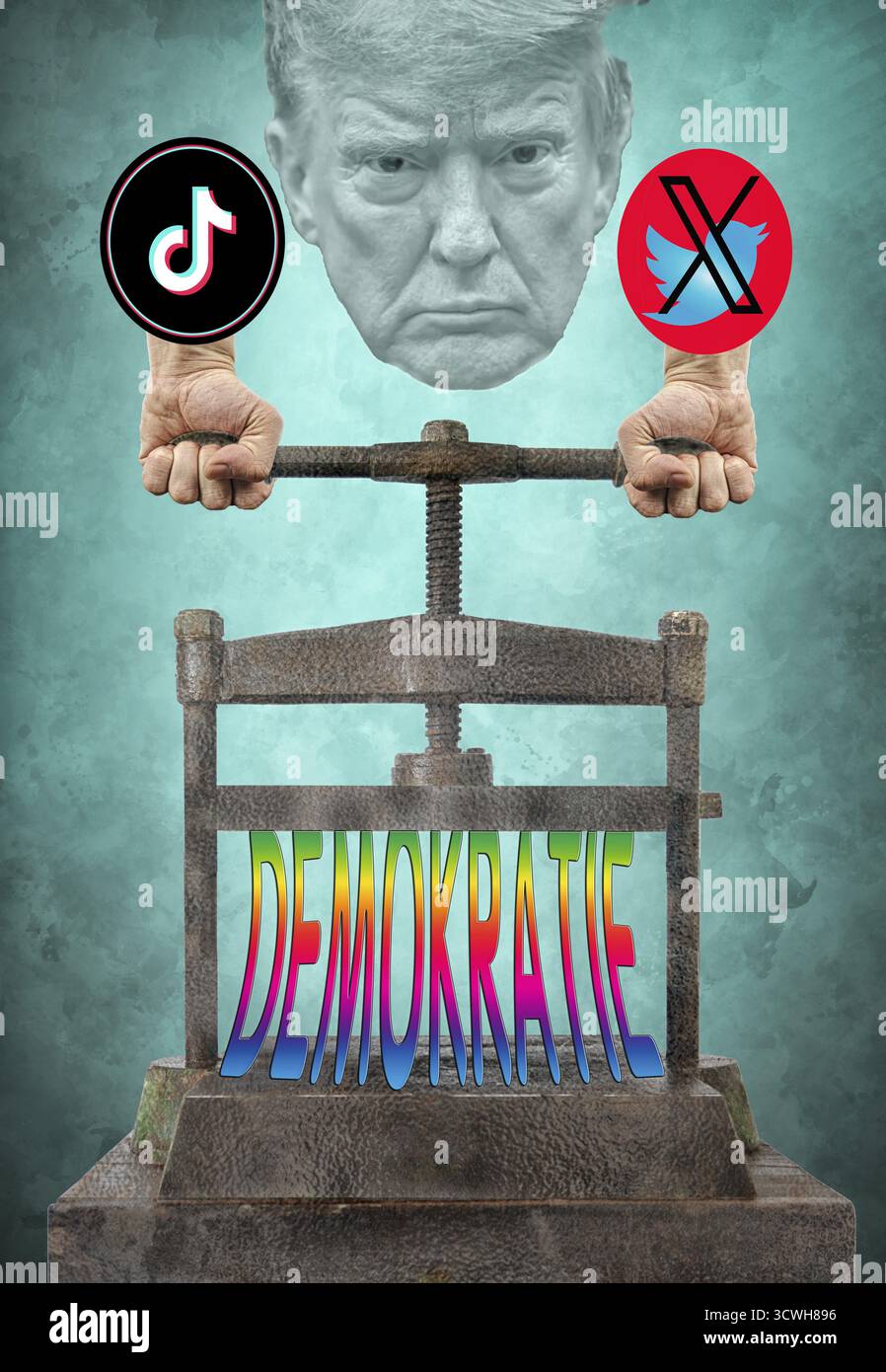 Image symbolique, réseaux asociaux, X-Twitter, Elon Musk, TikTok, faux rapports, liberté, individualité, groupe, Donald Trump, vendetta, humanité, freedo Banque D'Images