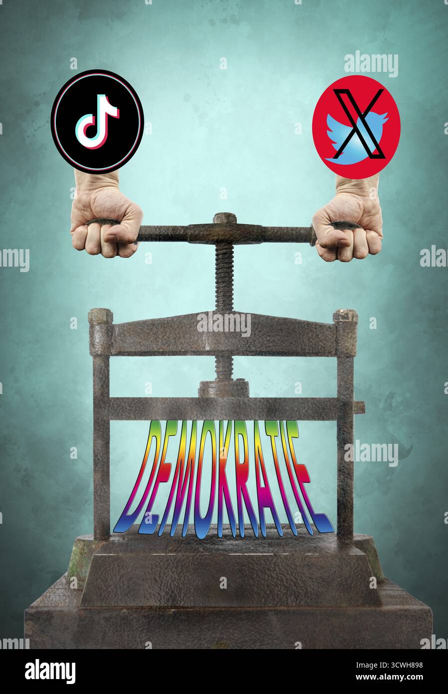 Image symbolique, réseaux asociaux, X-Twitter, Elon Musk, TikTok, faux rapports, liberté, individualité, groupe, Donald Trump, vendetta, humanité, freedo Banque D'Images