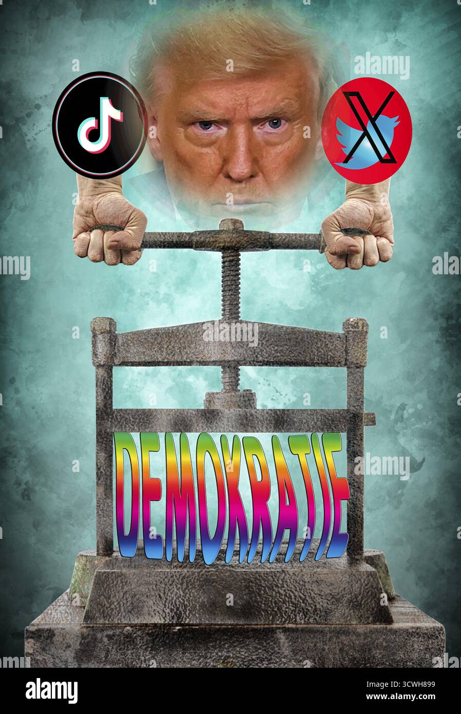 Image symbolique, réseaux asociaux, X-Twitter, Elon Musk, TikTok, faux rapports, liberté, individualité, groupe, Donald Trump, vendetta, humanité, freedo Banque D'Images