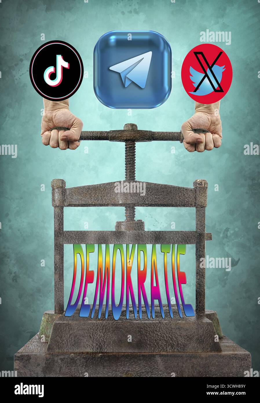 Image symbolique, réseaux asociaux, X-Twitter, Elon Musk, TikTok, faux rapports, liberté, individualité, groupe, Donald Trump, vendetta, humanité, freedo Banque D'Images