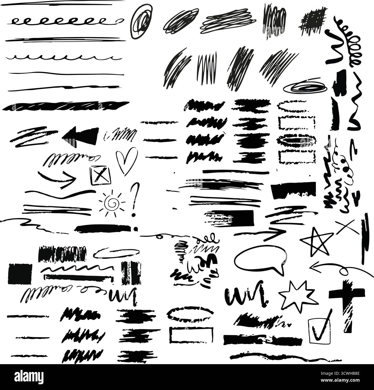 Scribbles and Sketch Graphic Pack - ensemble de vecteurs fusain, flèches, coups de pinceau et Doodle Elements Illustration de Vecteur