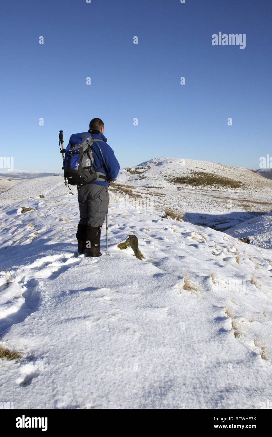 Hillwalker regardant n/e à travers les collines Kilpatrick jusqu'aux Campsie Fells en hiver, Écosse, Royaume-Uni Banque D'Images