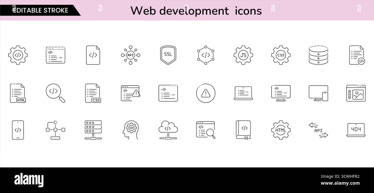 Icônes de développement et de codage Web | programmation, logiciel, base de données, api, ensemble de vecteurs d'hébergement cloud Illustration de Vecteur