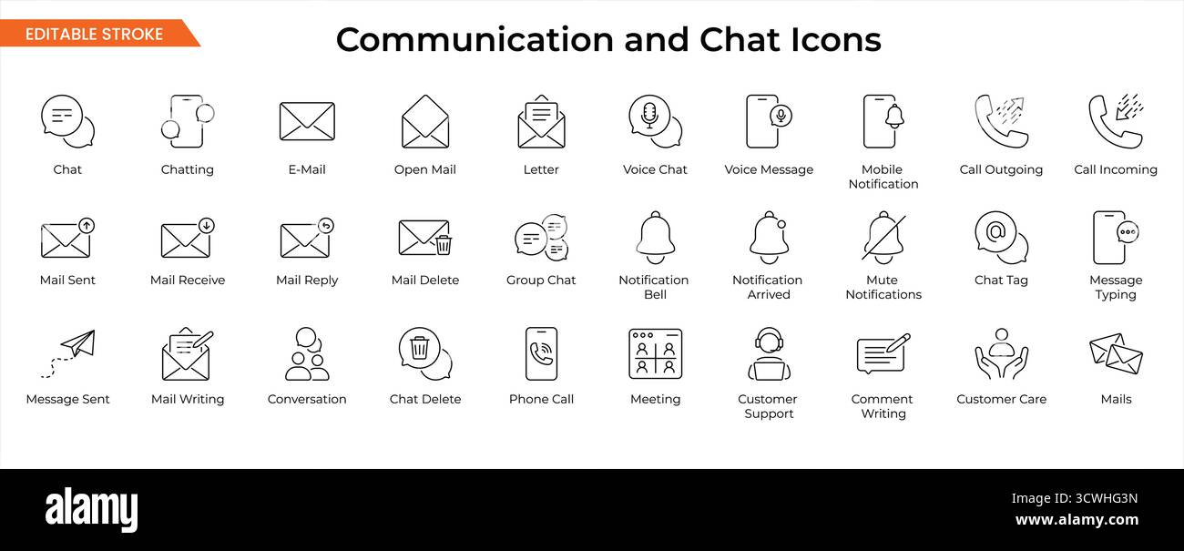 Icônes de communication et de discussion – Collection minimale de vecteurs de messages, de messages et de notifications de style de ligne Illustration de Vecteur