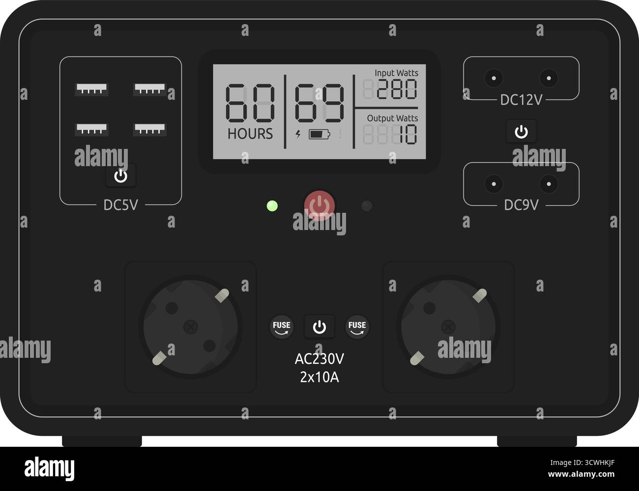 Centrale électrique portative avec différentes sorties. Illustration vectorielle pour les thèmes de l'énergie, de la technologie et de l'alimentation d'urgence Illustration de Vecteur